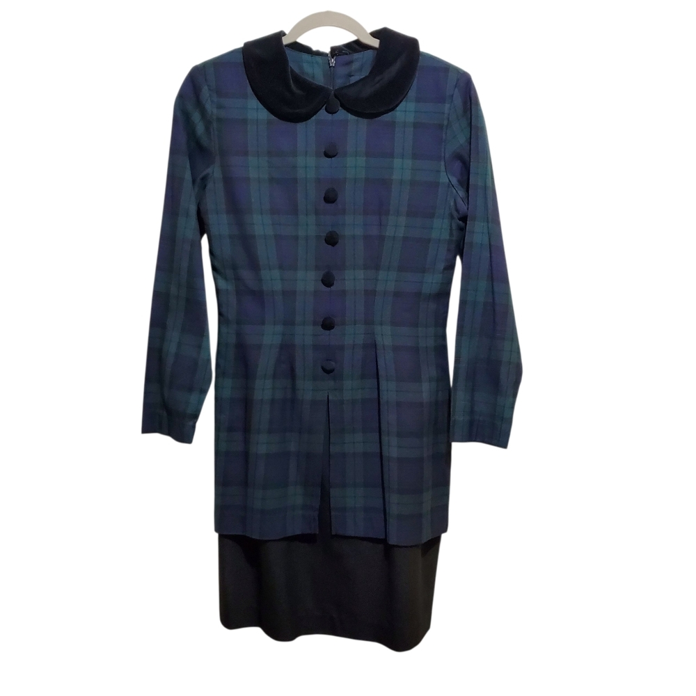 Vintage J.G.Hook Plaid Dress Size 4P Petite Mixed Media Velvet Collar Academia